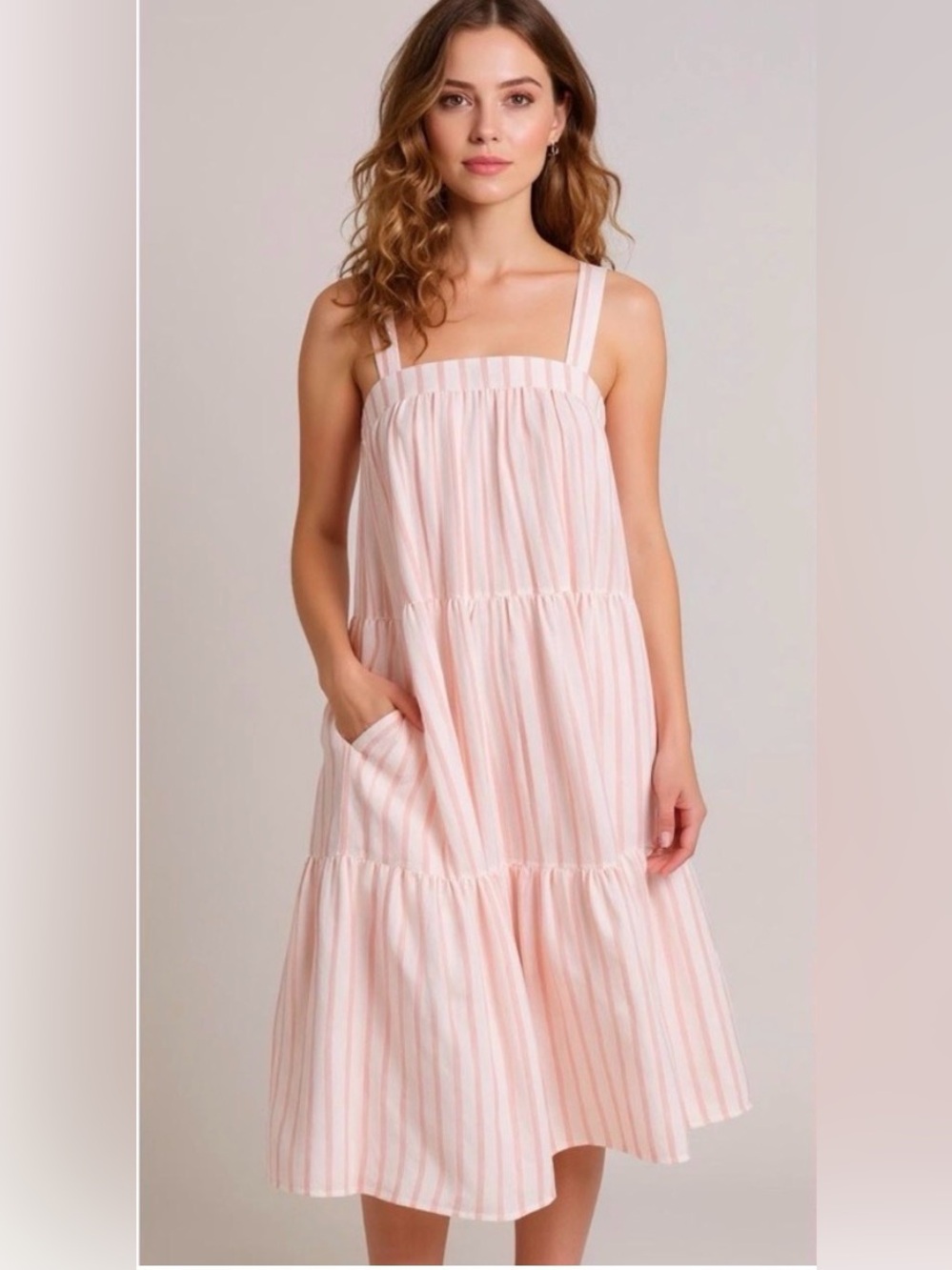 Marine Layer-Square Neck-Tiered-Midi Dress-Pink-Orange-White-Stripe-Sun Dress-M